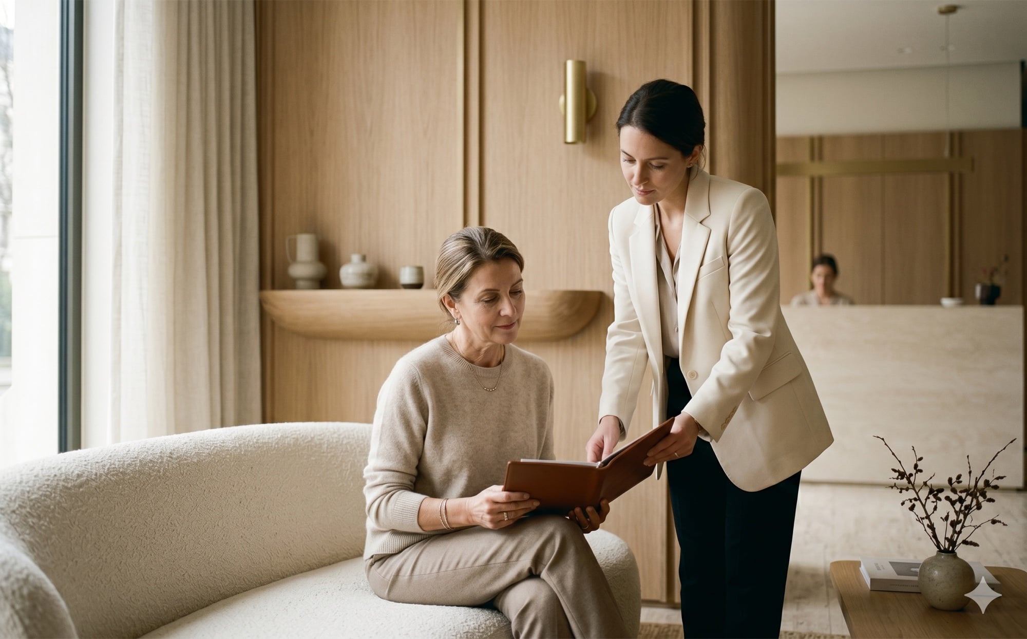 Patient consultation in a warm, minimalist clinic lounge — a coordinator reviews a folder with a seated guest.